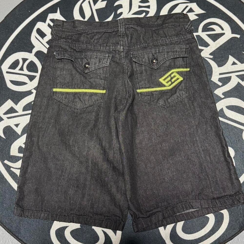 Enyce Black Baggy Denim Shorts With Yellow Accents